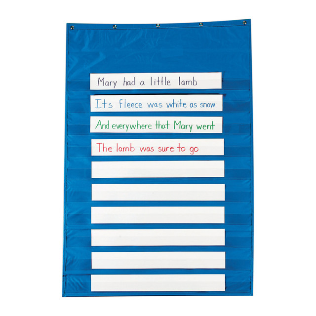 Ideal display for sentence strips, mini sentence strips and word cards  10 extra-wide pockets easily hold a sentence strip plus a picture for use in many subject areas.  Nylon cloth chart has clear pockets and small wooden dowel in the rigid bottom.  5-grommet top keeps the chart straight.