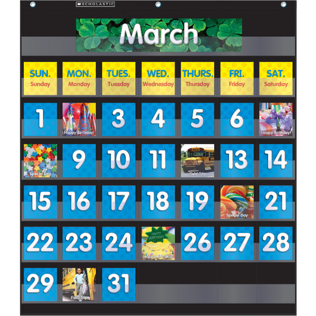 SCHOLASTIC INC 978-0-545-83866-5 Scholastic Teacher Resources Pocket Chart, Monthly Calendar, 25in x 27 3/4in, Black, Kindergarten to Grade 5