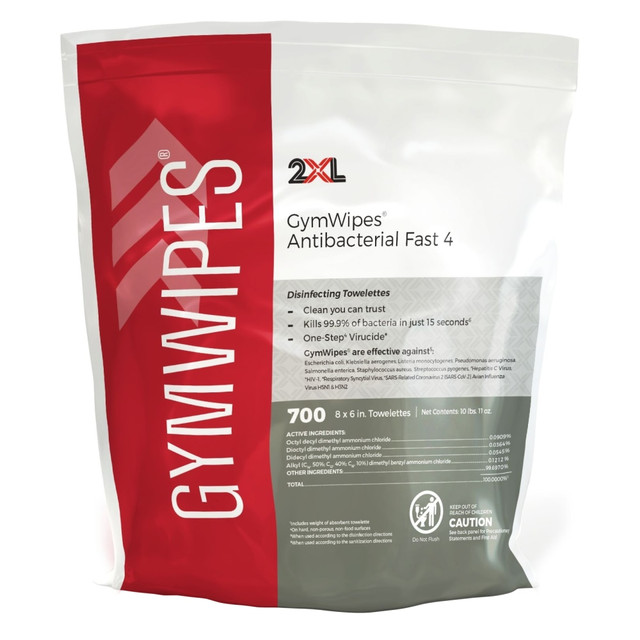 2XL CORP L101CT 2XL GymWipes Antibacterial Towelettes Bucket Refill - For Multi Surface - Phenol-free, Hygienic, Anti-bacterial, Disinfectant, Disposable, Bleach-free, Alcohol-free, Disposable, Absorbent - White - 700 Bag - 4 / Carton