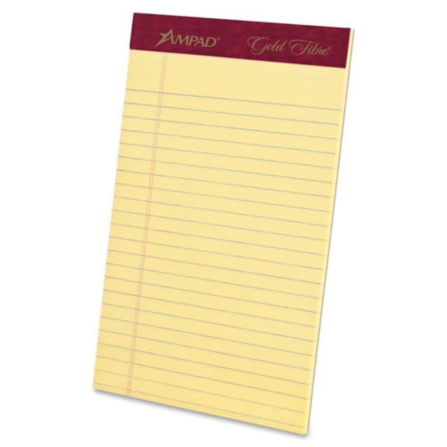 TOPS BUSINESS FORMS 20004 Ampad Gold Fibre Premium Jr. Legal Writing Pads - 50 Sheets - Watermark - Stapled/Glued - 0.28in Ruled - Ruled Margin - 16 lb Basis Weight - 5in x 8in Sheet Size - Canary Paper - Chipboard Backing, Bleed-free, Micro Perforat