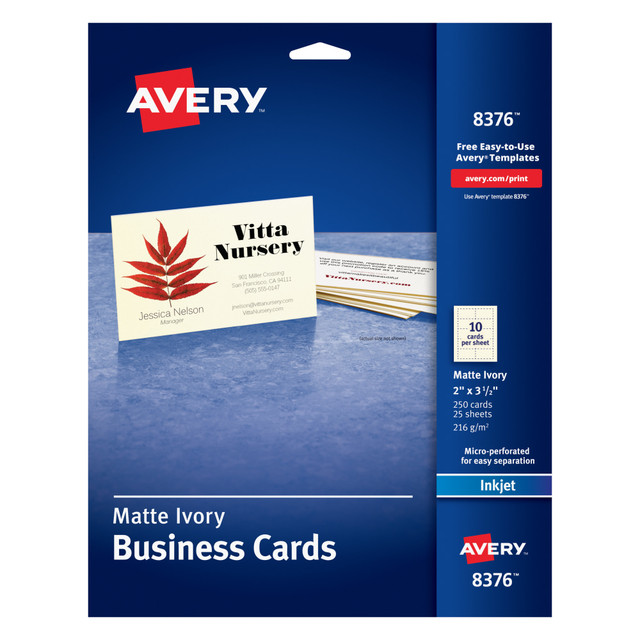 AVERY PRODUCTS CORPORATION 8376 Avery Printable Business Cards With Sure Feed Technology For Inkjet Printers, 2in x 3.5in, Ivory, 250 Blank Cards