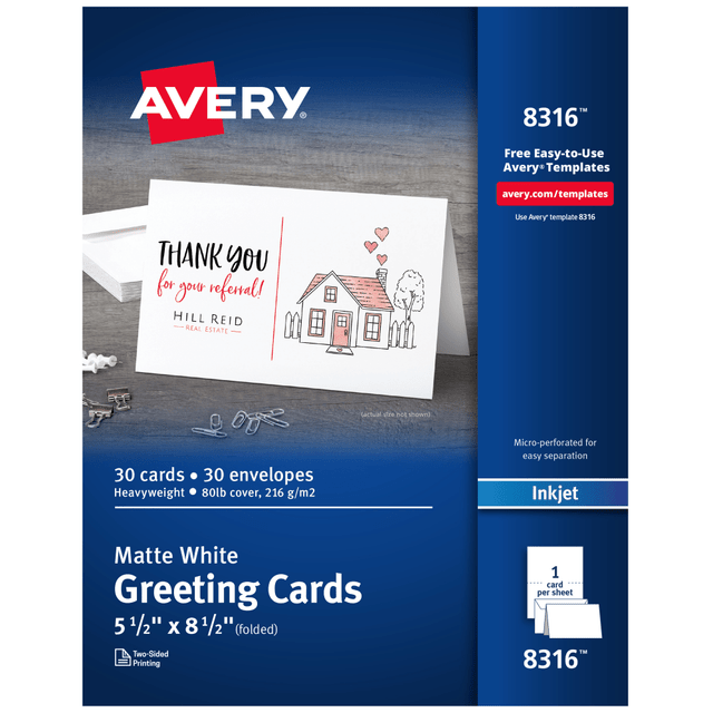 When it comes to special occasions, skip the impersonal texts and emails and make it truly personal with Avery half-fold printable greeting cards with envelopes. Made from matte-coated, heavyweight, printable cardstock, these blank white greeting cards let colors really stand out and come pre-scored for hassle-free folding. Handwrite directly on the blank greeting cards and envelopes for one-of-a-kind creations or get crisp, smudge-free printing on both sides of the cards from your inkjet printer.  Easily personalize your own custom greeting cards, Holiday cards, wedding cards, party invitation cards and more with templates and designs with Avery Design & Print Online.  Create vibrant customized cards and more made from heavyweight cardstock (80lb cover, 216gsm) featuring a matte white finish that allows your colors to pop.  Enjoy a clean, professional finish with customizable cards that are pre-scored for easy folding and feature precise cuts designed for clean, smooth edges.  Each sheet of printable cardstock is optimized for inkjet printers, resulting in crisp text, vivid images and smudge-free printing.  Item includes 30 printable sheets with a total of 30 5.5in x 8.5in blank greeting cards and 30 envelopes perfect for thank you cards, invitations, save the dates, announcements and more.  Forest Stewardship Council (FSC) certified - made from wood/paper that comes from forests managed to rigorous environmental and social standards, supported by the worlds leading conservation organizations.  Leadership forestry - from forests or sourcing programs that meet specific environmental standards, helping you support practices that better protect forests and the environment.