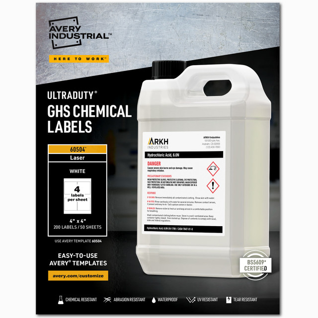AVERY PRODUCTS CORPORATION 60504 Avery UltraDuty GHS Chemical Labels For Laser Printers, Waterproof, UV Resistant, 60504, Square, 4in x 4in, White, Pack Of 200 AVERY PRODUCTS CORPORATION 60504 Avery UltraDuty GHS Chemical Labels For Laser Printers, Waterproof, UV Resistant, 60504, Square, 4in x 4in, White, Pack Of 200