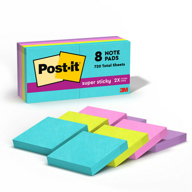 Whether jotting down your daily to-dos, brainstorming big ideas, studying or setting reminders, colors and ideas are always brighter together. These sticky notes feature 2X the sticking power. They also stick and re-stick - allowing you to move your notes with you throughout your day. They"re ideal for walls, doors, windows and other vertical surfaces, and like all Post-it Notes, they stick securely yet remove cleanly without damage. Keep your ideas across your notebooks, classroom books, calendars or other documents. No tape or tacks are needed with adhesive notes, saving you money and time on office products or school supplies. A great memo pad, these are ideal for using for notes or reminders to yourself or others. Post-it Super Sticky Notes are the perfect solution for shopping lists, reminders, notes on computer screens, time tracking, to-do lists, marking cables, color-coding documents, reminding kids to do chores, storyboarding, scratch paper and agile processing.  EXPERIENCE THE POWER OF 2X STICKINESS: Post-it Super Sticky Notes offer twice the sticking power of basic sticky notes, ensuring they stay put and wonT fall off  STICK AND RESTICK ANYWHERE: These notes adhere firmly to walls, windows, doors, and other vertical surfaces, allowing you to move your reminders with ease  VERSATILE AND ESSENTIAL: Post-it Super Sticky Notes are the perfect solution for shopping lists, reminders, to-do lists, color-coding, labeling, family chore reminders, brainstorming, storyboarding, and quick notes  VARIOUS SIZES AND SHAPES: Available in different sizes, with or without lines, to cater to your specific needs  EYE-CATCHING COLORS: Vibrant and colorful reminders are more likely to grab attention and be noticed  ENHANCE YOUR NOTE-TAKING EXPERIENCE: Download the free Post-it App on your smartphone or tablet to enjoy the simplicity and convenience of Post-it Notes anytime and anywhere  Made in USA with globally sourced materials  VALUE-PACKED CONVENIENCE: Each pack includes 8 pads of 1 7/8 in. x 1 7/8 in. notes, with 90 sheets per pad, providing an ample supply for your office, work area, or classroom  INTRODUCING THE SUPERNOVA NEON COLLECTION: Energize your ideas with the exciting colors of Aqua Splash, Acid Lime, Tropical Pink, Iris Infusion  EXPLORE OUR COLLECTIONS: With 11 color collections, the Post-it Brand offers a wide range of options to suit every style and preference, whether at home, in school, or at the office  TRUST THE ORIGINAL CREATOR: Made in the USA with globally sourced materials, the one and only Post-it Note was invented over 40 years ago by the Post-it Brand  SUSTAINABILITY: Post-it Super Sticky Notes can be recycled