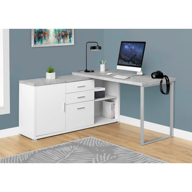 MONARCH PRODUCTS I 7288 Monarch Specialties 71inW L-Shaped Corner Desk With Cabinet, Gray Cement/White