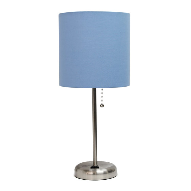 ALL THE RAGES INC CWT-2009-BL Creekwood Home Oslo Power Outlet Metal Table Lamp, 19-1/2inH, Blue Shade/Brushed Steel Base