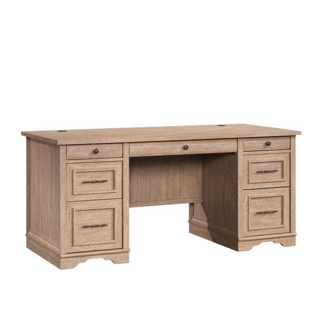 SAUDER WOODWORKING CO. 431432 Sauder Rollingwood 66inW Double-Pedestal Executive Computer Desk With Filing Drawers, Brushed Oak