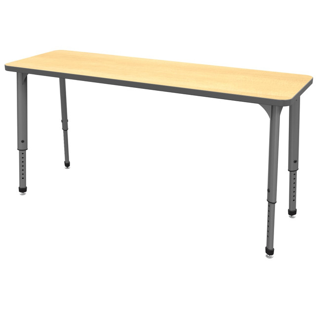 Switching between group work and individual activities can help kids learn in the style that suits them best. This student desk provides enough space for collaborative efforts while remaining compact enough to maximize classroom space.  Sturdy 12-gauge steel plate frame has a powder-coat finish to help protect against the wear and tear of daily use.  Tabletop is made of 1 1/8in particleboard with thermofused melamine on the top and bottom to provide increased strength. 3 mm PVC edgeband shields against impacts and minor damage.  12-gauge steel legs adjust from 21in to 30in in 1in intervals to suit your needs.  Nickel-plated nylon swivels help safeguard your flooring while adding an attractive accent.  Assembly required.  Tested to meet ANSI/BIFMA Performance Standards - Manufacturer testing has been conducted on this product to meet specific performance requirements and safety standards set forth by the American National Standards Institute (ANSI) and the Business and Institutional Furniture Manufacturers.