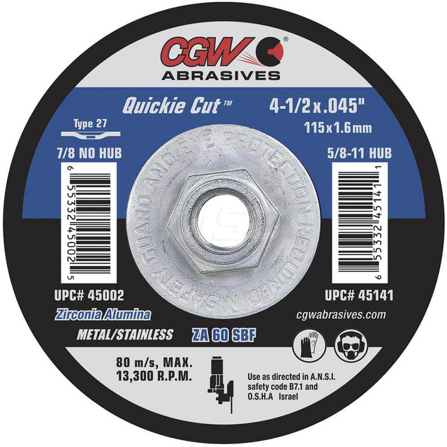 CGW Abrasives 45145 Depressed Center Wheel: Type 27, 9" Dia, 0.045" Thick, Zirconia Alumina