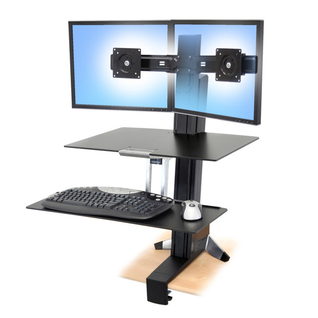 Sitting for 8 hours a day, 5 days a week can take a toll on the body. Make working easier with the Ergotron WorkFit-S stand, which allows you to transform any surface into a personalized height-adjustable desk.  Stay energized, healthy and productive while you compute. Ergotron stand allows you to change from a sitting to a standing position whenever you want.  WorkFit-S display stand lets you move your keyboard and display in 1 simple motion.  Includes WorkFit-S dual with worksurface, height-adjustable column, desk clamp, crossbar, 2 LCD pivots, worksurface, large keyboard tray and mounting hardware.