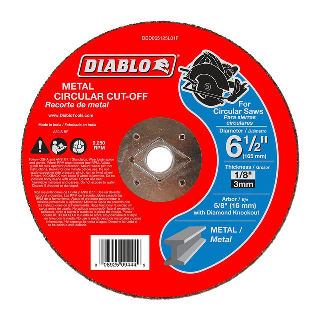 DIABLO DBD065125L01F Cutoff Wheels; Wheel Diameter (Inch): 6-1/2 ; Wheel Thickness (Inch): 1/8 ; Hole Size (Inch): 5/8 DKO ; Abrasive Material: Aluminum Oxide ; Reinforced: Reinforced ; Grit: 30