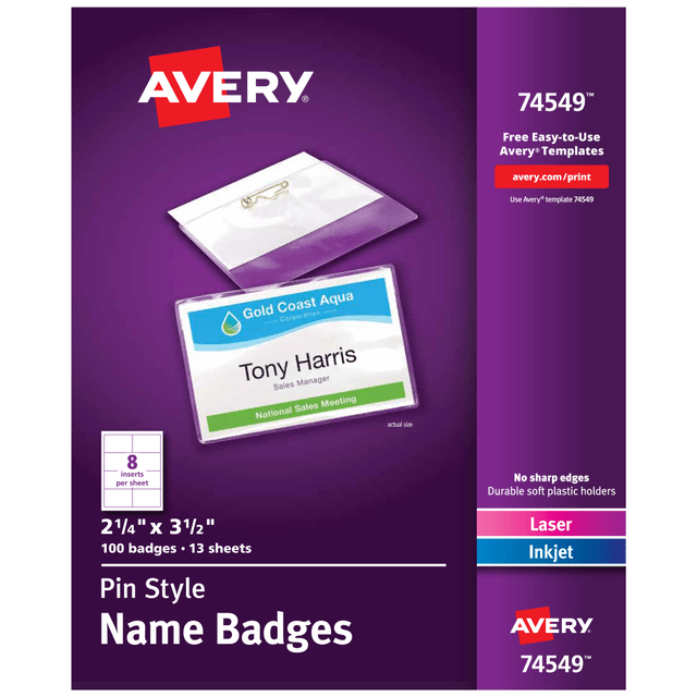 AVERY PRODUCTS CORPORATION 74549 Avery Customizable Name Badges With Pins, 74549, 2-1/4in x 3-1/2in, Clear Name Tag Holders With White Printable Inserts, Pack of 100