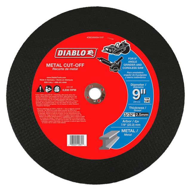 DIABLO DBD090094101F Cutoff Wheels; Wheel Diameter (Inch): 9 ; Wheel Thickness (Inch): 3/32 ; Hole Size (Inch): 7/8 ; Abrasive Material: Aluminum Oxide ; Reinforced: Reinforced ; Grit: 30