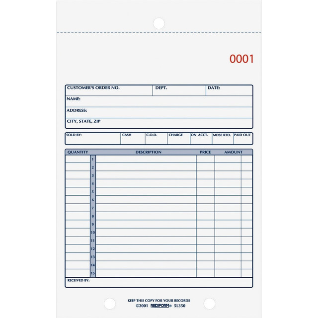 REDIFORM, INC. 5L350 Rediform 3-Part Carbonless Sales Form - 50 Sheet(s) - Stapled - 3 PartCarbonless Copy - 5 1/2in x 7 7/8in Sheet Size - 2 x Holes - White, Yellow, Pink Sheet(s) - Blue Print Color - 1 Each