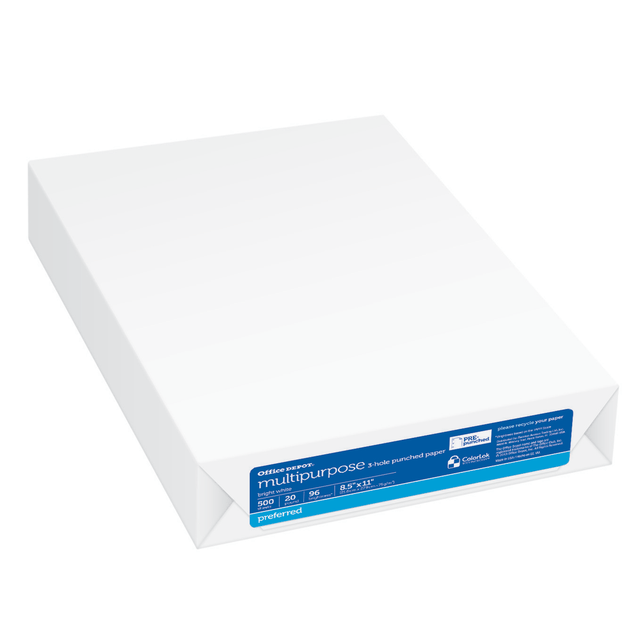 OFFICE DEPOT 951031OD (REAM)  3-Hole Punched Multi-Use Printer & Copy Paper, White, Letter (8.5in x 11in), 500 Sheets Per Ream, 20 Lb, 96 Brightness