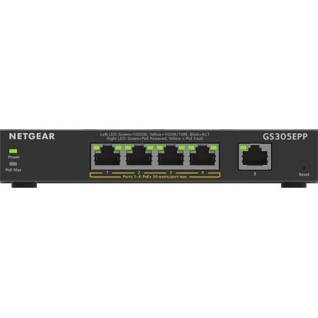 NETGEAR INC. GS305EPP-100NAS Netgear GS305EPP Ethernet Switch - 5 Ports - Manageable - 2 Layer Supported - 120 W PoE Budget - Twisted Pair - PoE Ports - Desktop, Wall Mountable - 5 Year Limited Warranty