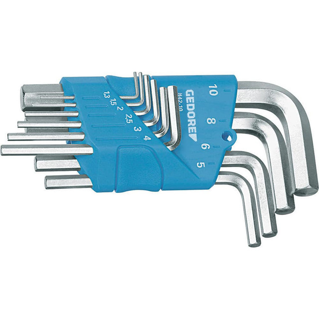 Gedore 1505408 Hex Key Sets; Ball End: No ; Hex Size: 1.3 mm; 1.5 mm; 2 mm; 2.5 mm; 3 mm; 4 mm; 5 mm; 6 mm; 8 mm; 10 mm ; Material: Chrome-Vanadium Steel 61CrSiV5