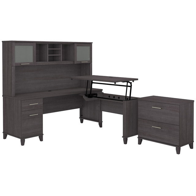 BUSH INDUSTRIES INC. SET016SG Bush Furniture Somerset 72inW 3-Position Sit-To-Stand L-Shaped Desk With Hutch And File Cabinet, Storm Gray, Standard Delivery
