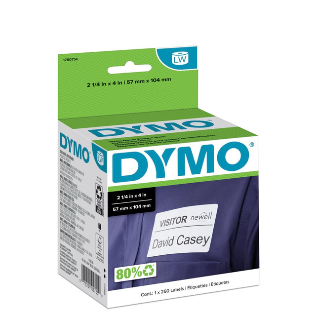 NEWELL BRANDS INC. Dymo 1760756  LabelWriter Name Badge Self-Adhesive Labels, 1760756, White, 2 1/4in x 4in, Roll 0f 250 Labels