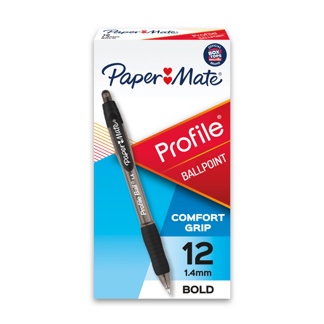 Choose these Paper Mate pens when smooth, comfortable writing is a must. The retractable tip helps keep your pockets, purses and bags protected, so its easy to carry with you wherever you go.  Profile retractable pens unite the smooth feeling of a gel pen with quick-drying, super-bold ink.  Click-advance retractable ballpoint pen tip helps protect pockets and purses.  Paper Mate pens with an extra-smooth writing system and soft comfort grips provide an easy writing experience.  Translucent black-barrel/black ink pens lend a clean, professional look.  Includes a Paper Mate Profile retractable ballpoint 1.4-mm/bold-point pens pack of 12.