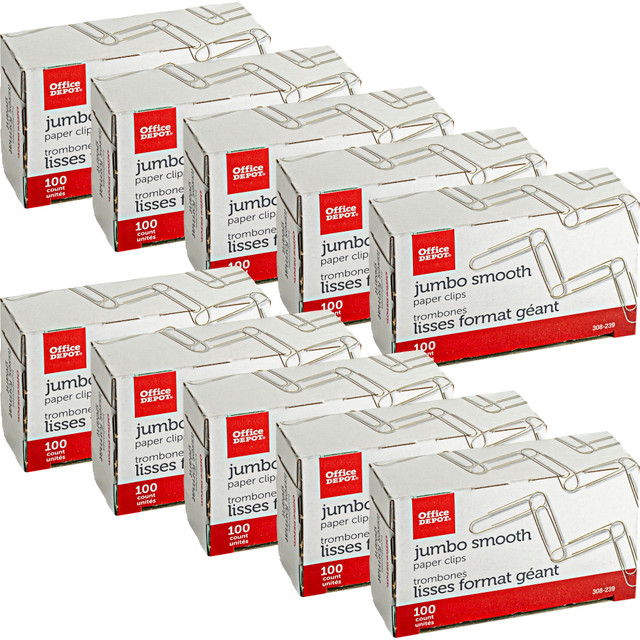OFFICE DEPOT 10004 Brand Paper Clips, Jumbo, Silver, Pack Of 10 Boxes, 100 Clips Per Box, 1,000 Total OFFICE DEPOT 10004 Brand Paper Clips, Jumbo, Silver, Pack Of 10 Boxes, 100 Clips Per Box, 1,000 Total