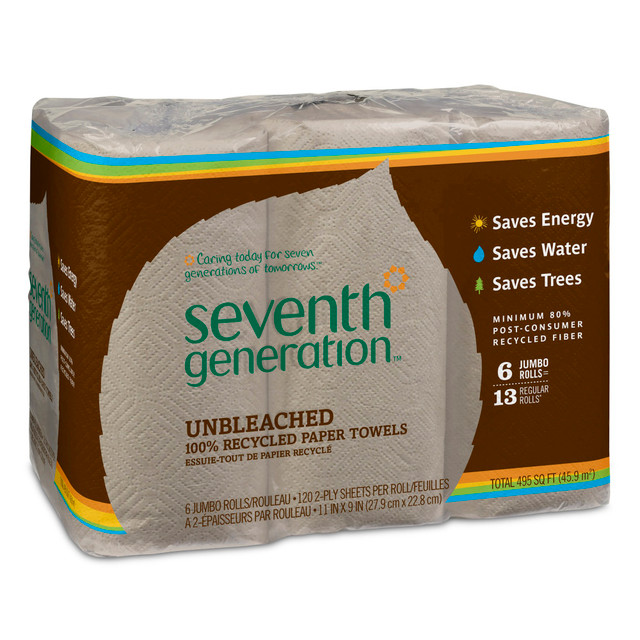 SEVENTH GENERATION, INC. 13737PK Seventh Generation Unbleached 2-Ply Jumbo Paper Towels, 100% Recycled, Natural, 120 Sheets Per Roll, Pack Of 6 Rolls SEVENTH GENERATION, INC. 13737PK Seventh Generation Unbleached 2-Ply Jumbo Paper Towels, 100% Recycled, Natural, 120 Sheets Per Roll, Pack Of 6 Rolls