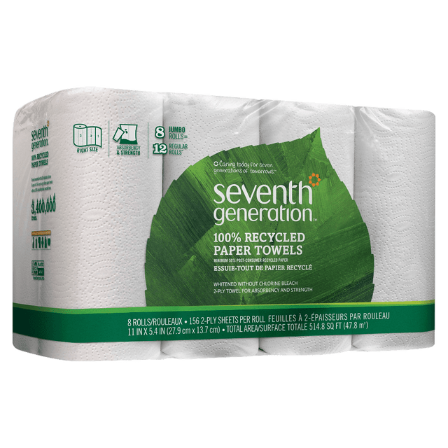 SEVENTH GENERATION, INC. Seventh Generation 13739  2-Ply Paper Towels, 100% Recycled, 156 Sheets Per Roll, Pack Of 8 Rolls