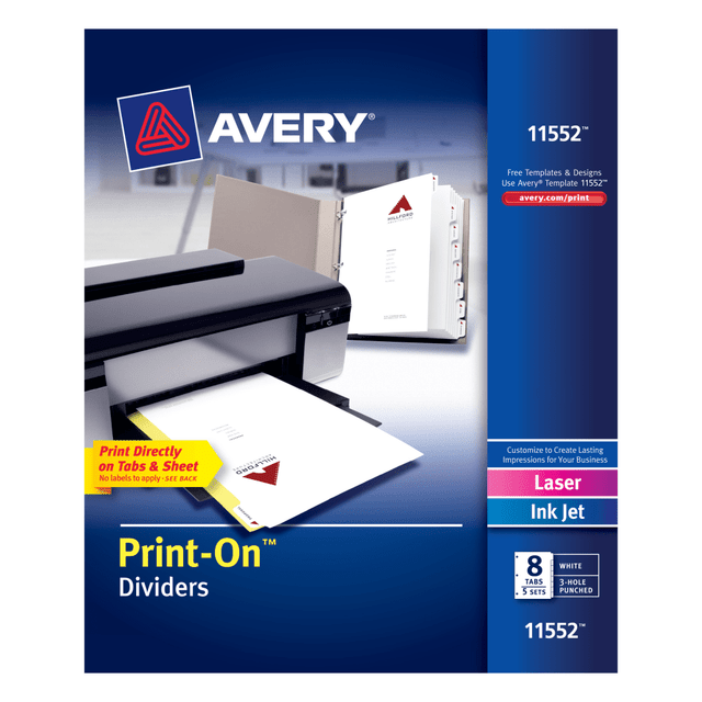 AVERY PRODUCTS CORPORATION 11552 Avery Customizable Print-On Dividers, 8 1/2in x 11in, 8 Tab, White, Pack Of 5 Sets