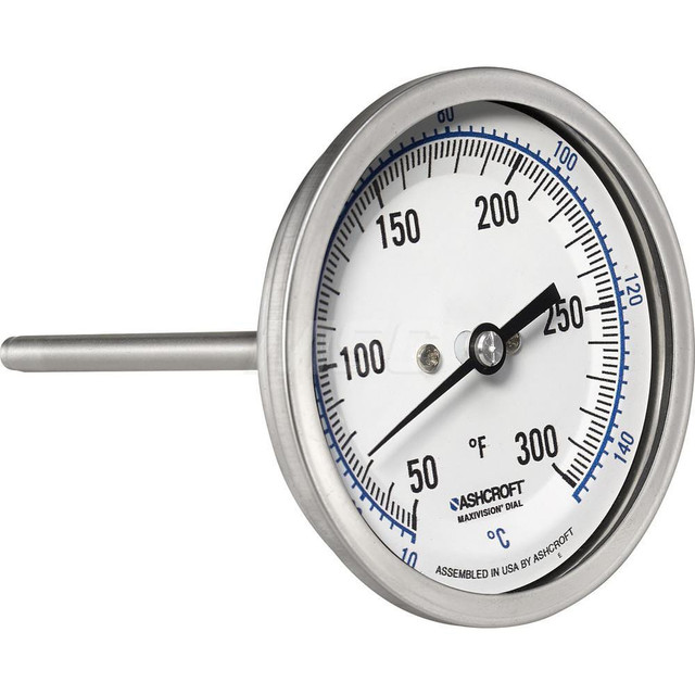 Ashcroft 759426062054 Bimetal Dial Thermometer: 50 to 300 ° F, 3" Dial Dia, 4" Stem Length