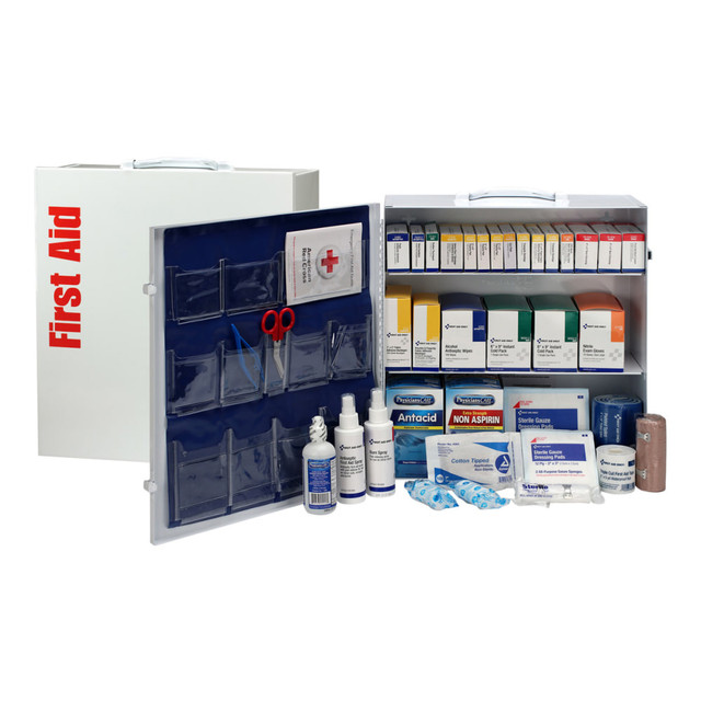 Put safety first with this 3-shelf first aid station that includes everything needed for up to 100 employees  Contains 676 pieces, ranging from bandages to eyewash, to treat 100 people.  This sturdy metal case can take the use and abuse due to its durability.  Ideal for several types of settings from schools to offices to garages to warehouses.  This cabinet includes over the counter medications.