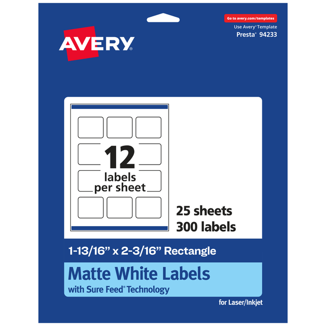 AVERY PRODUCTS CORPORATION 94233-WMP25 Avery Permanent Labels With Sure Feed, 94233-WMP25, Rectangle, 1-13/16in x 2-3/16in, White, Pack Of 300 AVERY PRODUCTS CORPORATION 94233-WMP25 Avery Permanent Labels With Sure Feed, 94233-WMP25, Rectangle, 1-13/16in x 2-3/16in, White, Pack Of 300