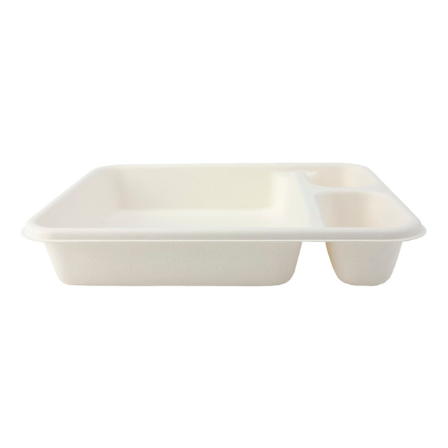 ASEAN CORPORATION T003 StalkMarket Compostable Food Trays, 3-Compartment, 8.75in x 7.17in x 1.5in, White, Pack of 400 Trays