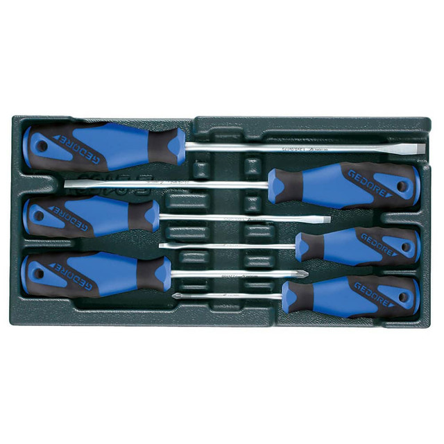 Gedore 1523694 Screwdriver Sets; Screwdriver Types Included: Slotted; Pozidriv ; Container Type: Foam Module ; Number Of Pieces: 6 ; Includes: 2150 4,5.5,6.5,8 mm Slot; 2160 PZ #1, #2 Screwdriver Bit ; Ball End Hex: No ; Blade Width (mm): 4-8