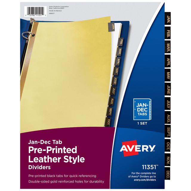 ACCO BRANDS USA, LLC Avery L21312  Jan-Dec Dividers For 3 Ring Binders, 8-1/2in x 11in, 12-Tab Set, Pre-Printed Black Leatherette Tabs, 1 Binder Divider Set (11351)