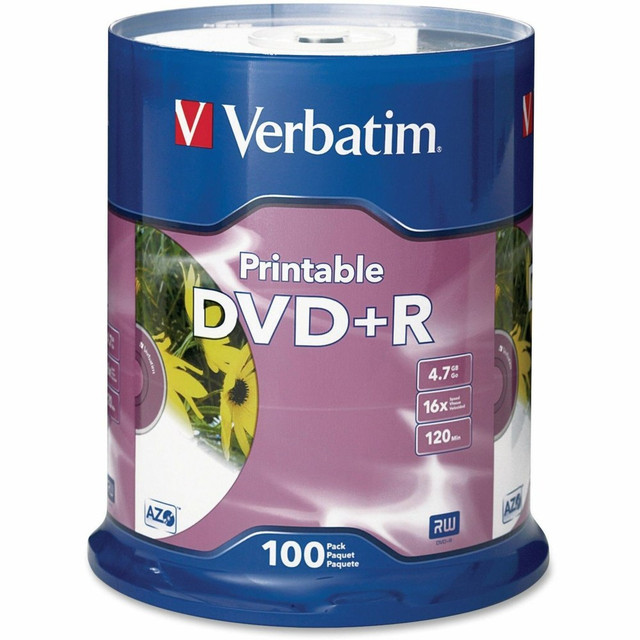 VERBATIM AMERICAS LLC 95145 Verbatim DVD+R 4.7GB 16X White Inkjet Printable - 100pk Spindle - 120mm - Printable