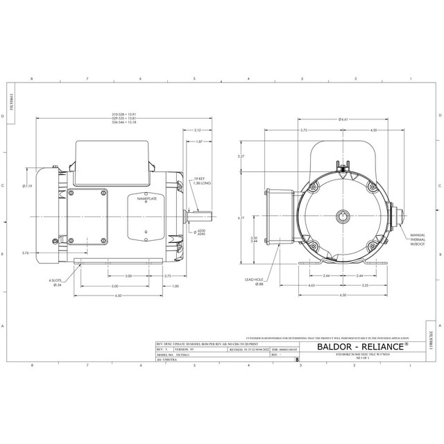 Baldor Reliance L3514M Single Phase AC Motor: TEFC Enclosure