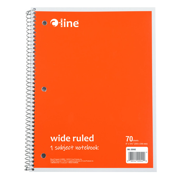 C-LINE PRODUCTS, INC. C-Line 22042-CT  Wide Rule Spiral Notebooks, 8in x 10-1/2in, 1 Subject, 70 Sheets, Orange, Case Of 24 Notebooks