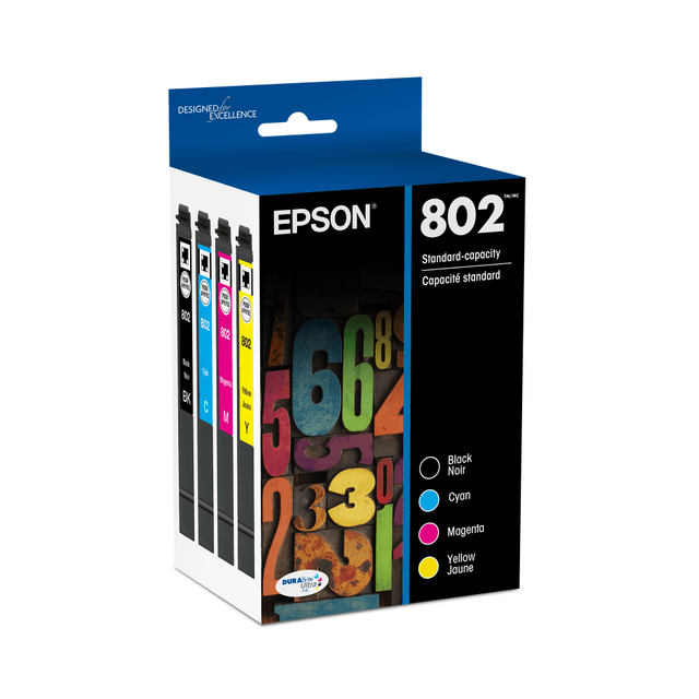 EPSON AMERICA INC. T802120-BCS Epson 802 DuraBrite Black And Cyan, Magenta, Yellow Ink Cartridges, Pack Of 4, T802120-BCS EPSON AMERICA INC. T802120-BCS Epson 802 DuraBrite Black And Cyan, Magenta, Yellow Ink Cartridges, Pack Of 4, T802120-BCS
