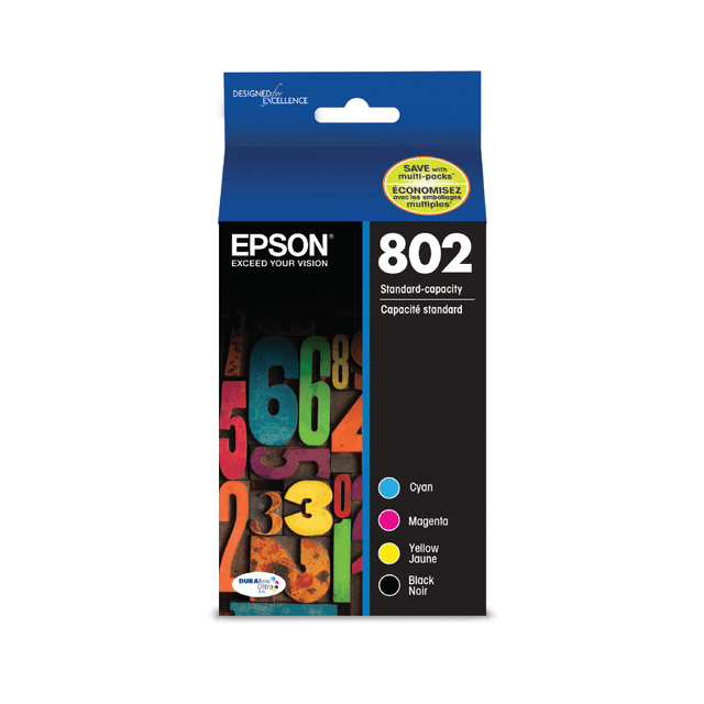 EPSON AMERICA INC. T802120-BCS Epson 802 DuraBrite Black And Cyan, Magenta, Yellow Ink Cartridges, Pack Of 4, T802120-BCS