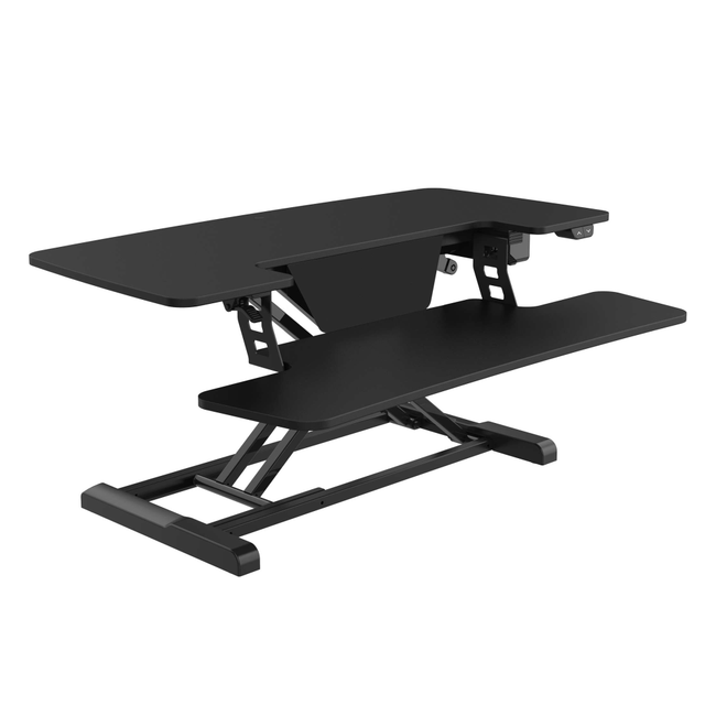 Easily transition from sitting to standing at work with the FlexiSpot EM7L 40inW Motorized Sit-Stand Desk Converter. Stay active throughout the day as the push of a button will raise or lower your desk as needed.  Large work surface can accommodate 2 monitors.  Narrow profile can fit on any desk.  Motorized lift system adjusts height from 5-3/4in to 19-3/4in.  Removable keyboard tray provides extra space.  Weight capacity tested to support 55 lb.  Save time - no assembly required.