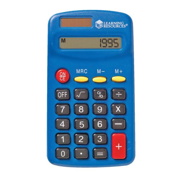 Perfect for independent math practice, the bright blue Primary Calculator is both solar and battery powered.  Students can start with basic math operations and work their way up to percents and square roots.  The 4-function calculator includes a 3-key memory, auto shut-off, and an 8-digit display.  Measures 2.5inW x 4.5inH.  Each calculator includes 1 AA battery.