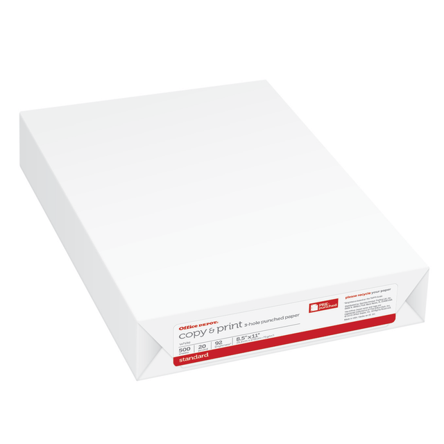 OFFICE DEPOT 851031ODRM  3-Hole Punched Multi-Use Printer & Copy Paper, White, Letter (8.5in x 11in), 500 Sheets Per Ream, 20 Lb, 92 Brightness