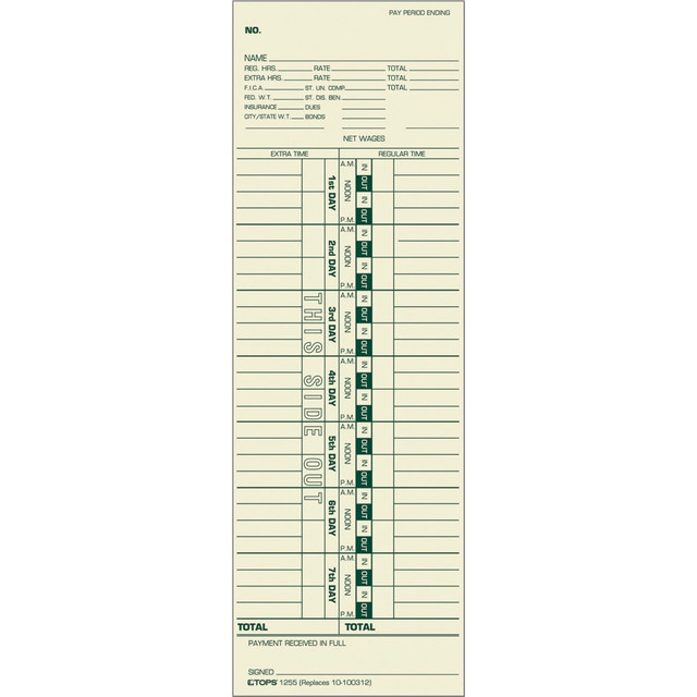 TOPS BUSINESS FORMS TOPS 1255  Weekly Time Clock Cards, 3-1/2in x 10-1/2in, Manila, Box Of 500 Cards