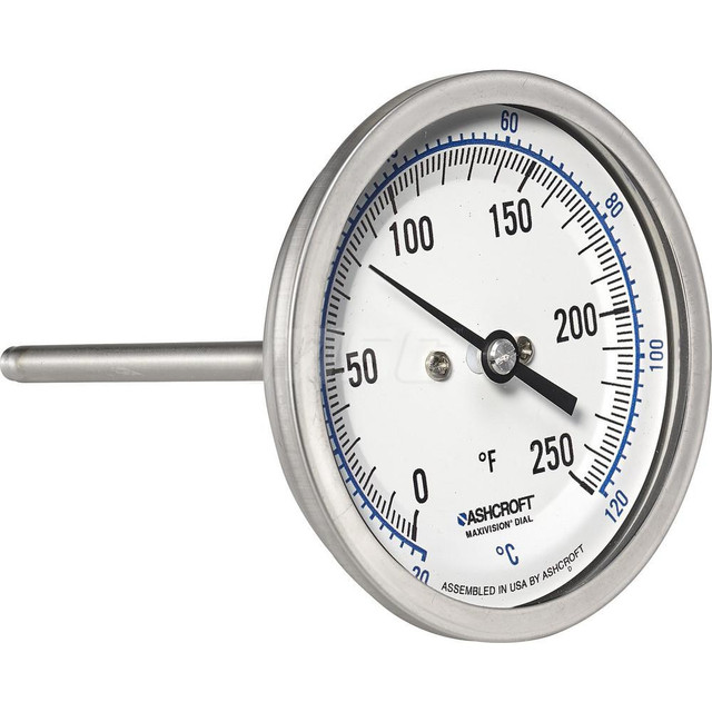 Ashcroft 759426082793 Bimetal Dial Thermometer: 0 to 250 ° F, 3" Dial Dia, 2-1/2" Stem Length