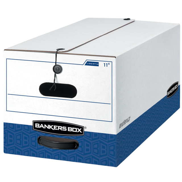 FELLOWES INC. 00011 Bankers Box Liberty FastFold Medium-Duty Storage Boxes With Locking Lift-Off Lids And Built-In Handles, Letter Size, 24in x 12in x 10in, 60% Recycled, White/Blue, Case Of 12