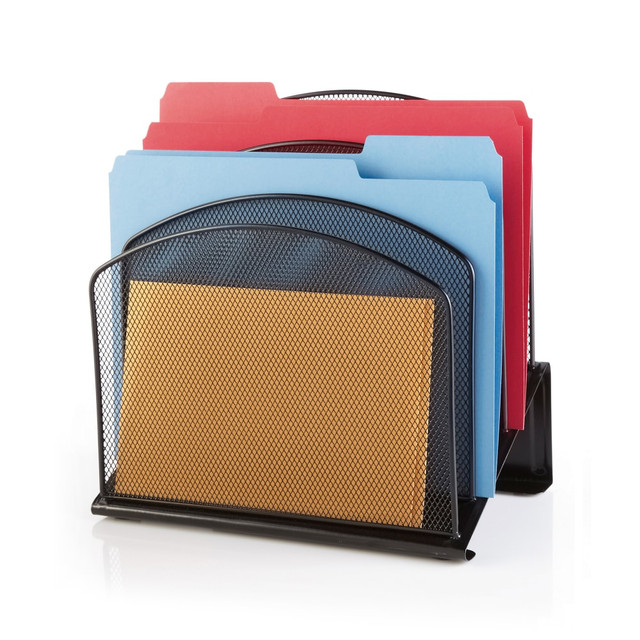 Organize letters, documents, files and other types of paperwork with this Office Depot Brand mesh incline sorter. It combines style and functionality to suit busy professionals.  5 compartments allow you to categorize the contents.  Nonskid base allows secure placement.  Contains Recycled Content - See Specs for Details.