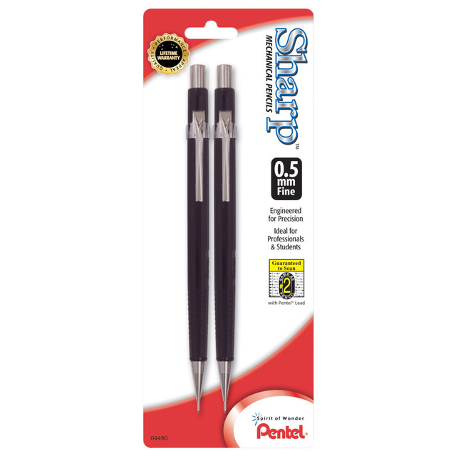Work through math problems or write papers with this pack of Pentel Automatic Sharp mechanical pencils. A metal clip offers easy attachment to your pocket or a folder for convenient access. These Pentel Automatic Sharp mechanical pencils accept Pentel Super Hi-Polymer HB lead that resists breaking, and a refill eraser lets you quickly make changes.  Pentel Super Hi-Polymer lead eliminates sharpening need.  A refill eraser handles errors and edits.  2-pack of mechanical pencils.  Refillable - designed to be used repeatedly, helping you avoid single-use disposables and potentially save money.