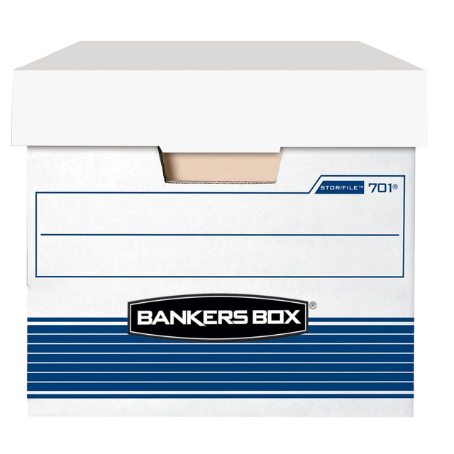 FELLOWES INC. 00701 Bankers Box Stor/File Medium-Duty Storage Boxes With Locking Lift-Off Lids And Built-In Handles, Letter Size, 24in x 12in x 10in, 60% Recycled, White/Blue, Case Of 12