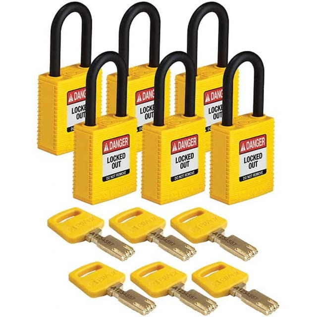 Brady 150335 Lockout Padlock: Keyed Alike & Keyed Different, Key Retaining, Nylon, Plastic & Steel Shackle, Yellow