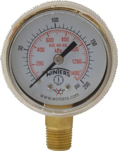 Winters PWL2724 1/4 Inch NPT, 150 Max psi, Brass Case Cylinder Pressure Gauge